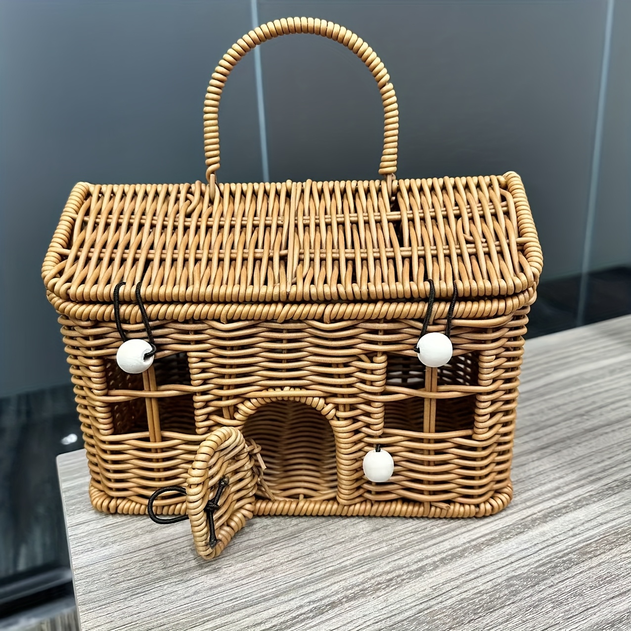 Image of House-shaped Woven Carry Basket With Door - Christmas Storage Organizer, Multi-scene Storage For Rooms, Bedroom, Kitchen, Bathroom, Holiday Decor Home, Valentine's Day, Easter, Spring