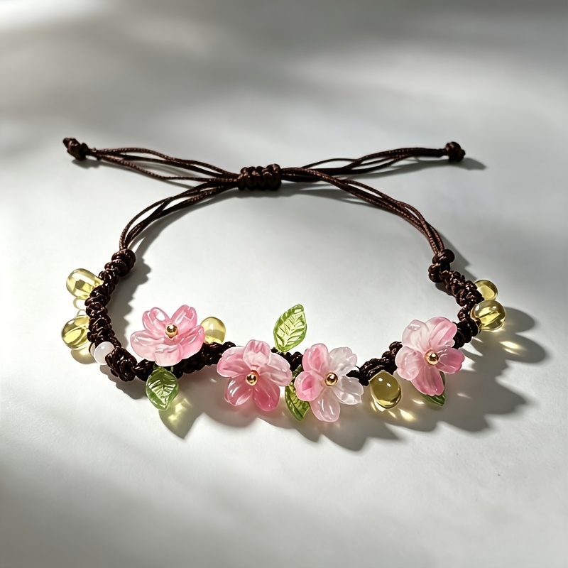 TEMU 1pc Handmade Women's Bohemian Cherry Woven Bracelet, Hand-made Heat-shrink Cherry Woven Rope Bracelet, With Leaves And Crystal Beads, Adjustable