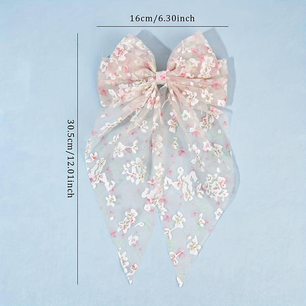 1pc Tulle Large Bow Hair Clip For Floral Hair Bow Clip For Spring Summer Embroidery Flower Hair Bow Barrette For Long Tassel Bow Hair Accessory For