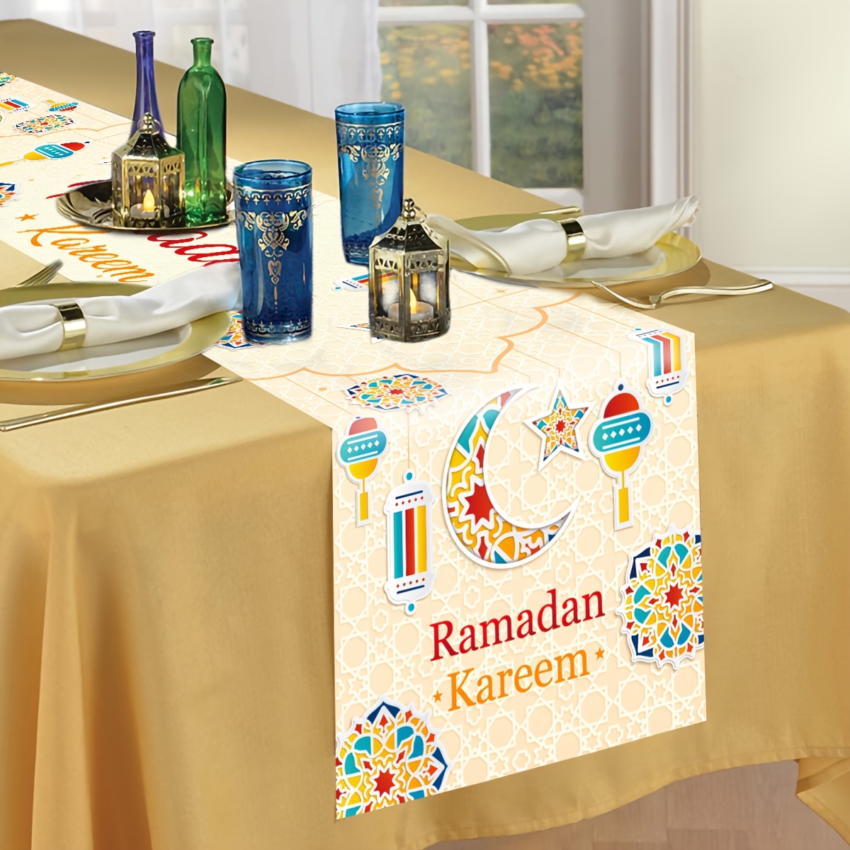 

1pc, Ramadan Table Runner 0.35x1.8m, Polyester Rectangular Woven Flag With Castle Design, Party Supplies For Eid Al-fitr Decoration