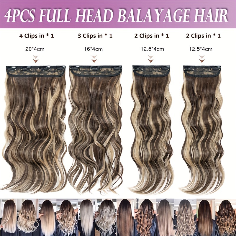 4pieces set long wavy   clip in hair extensions 22inch 55cm soft hairpieces curly thick   double weft hairpiece top synthetic hair highlight   blonde for women party cosplay christmas halloween dating daily use details 1