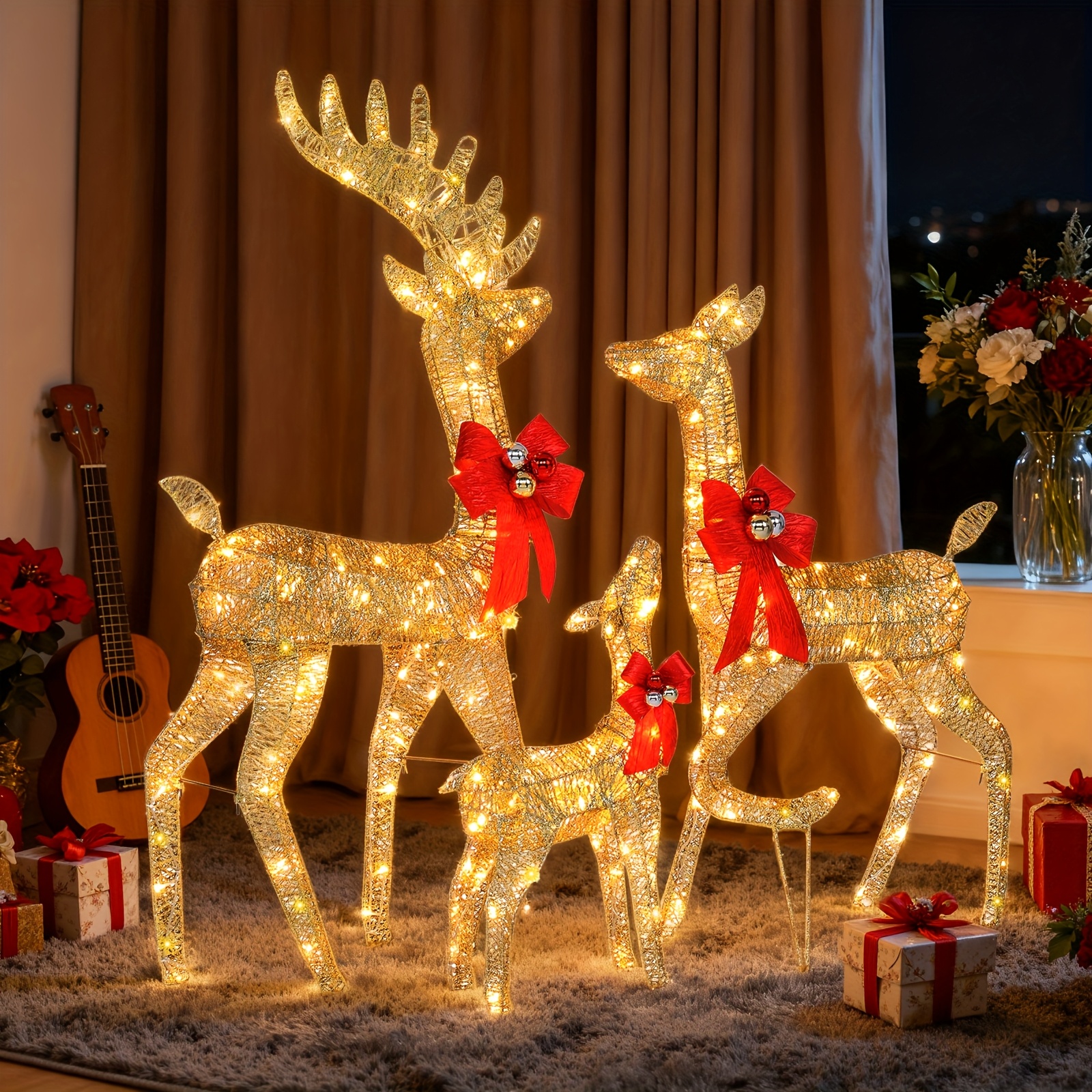 TEMU 3pcs Lighted Christmas Reindeer Set Outdoor Yard Decoration Led Lights, Stakes - Golden Ip44