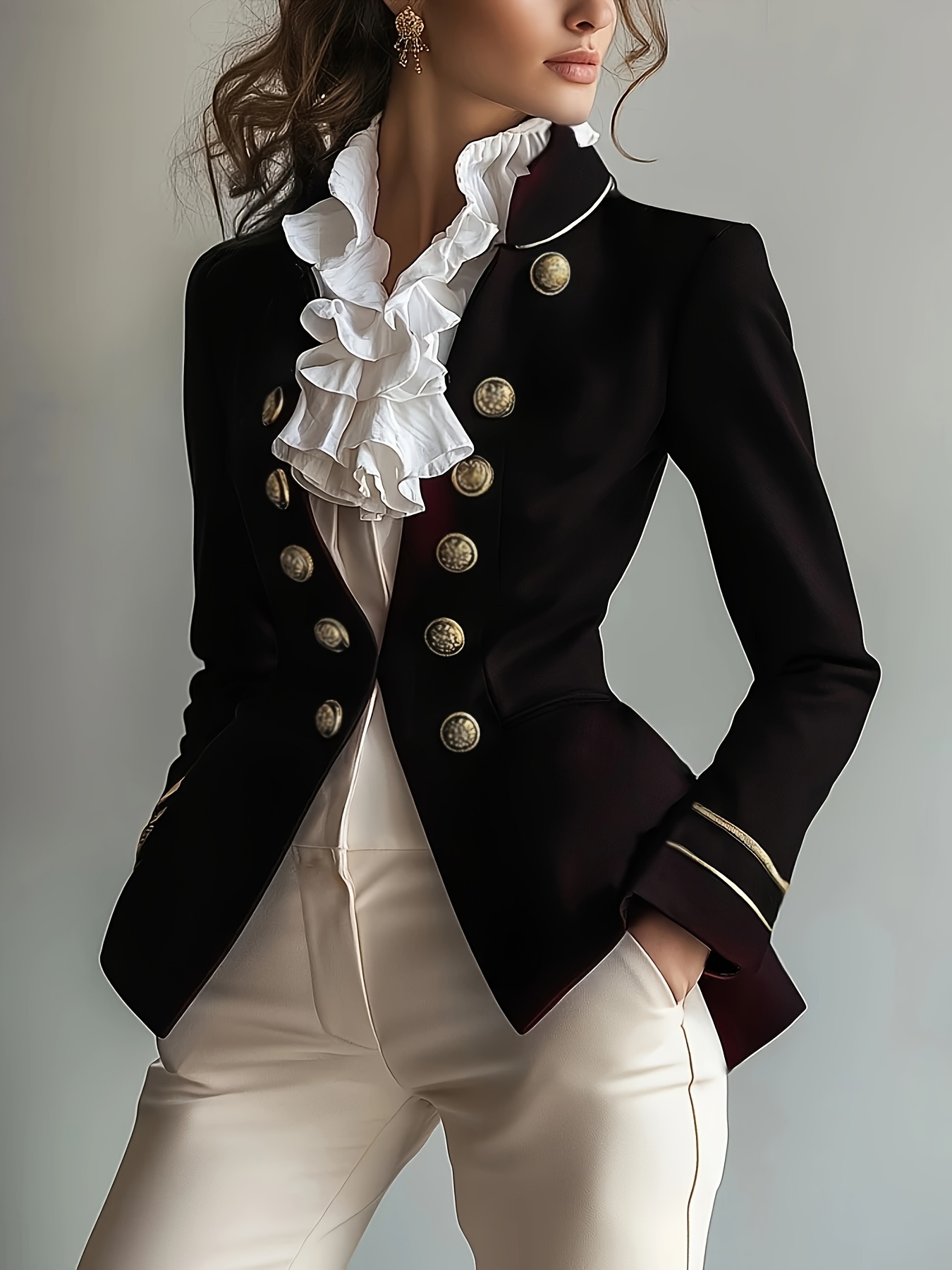 elegant black double breasted   with golden buttons   white collar classic h silhouette polyester jacket long sleeves machine washable   formal attire autumn   classic doublebreasted   design