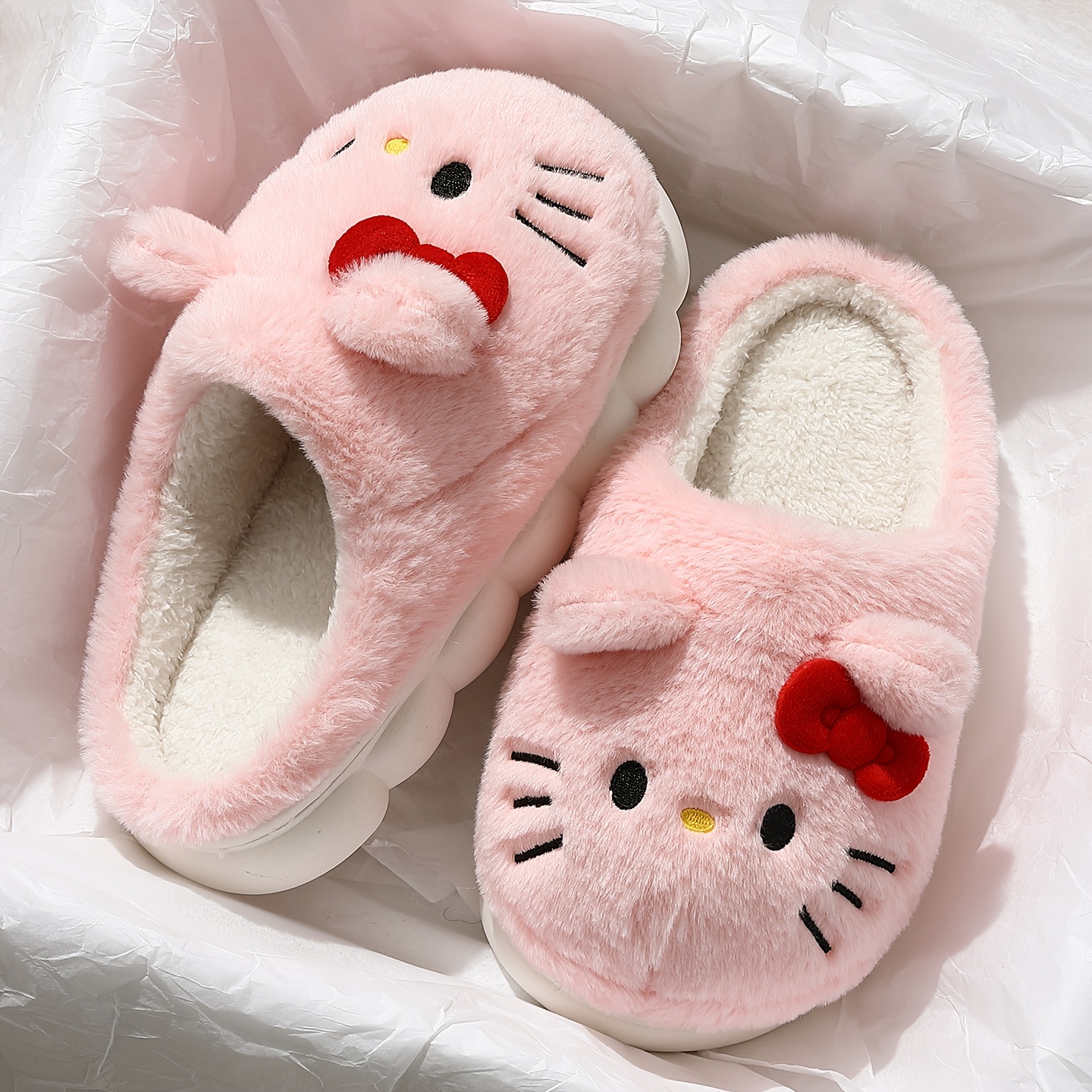     womens plush winter slippers cute pink and white slip on home shoes featuring a thick eva sole with soft lining and   of kittys face suitable for women with small to medium sizes   warm indoor wear