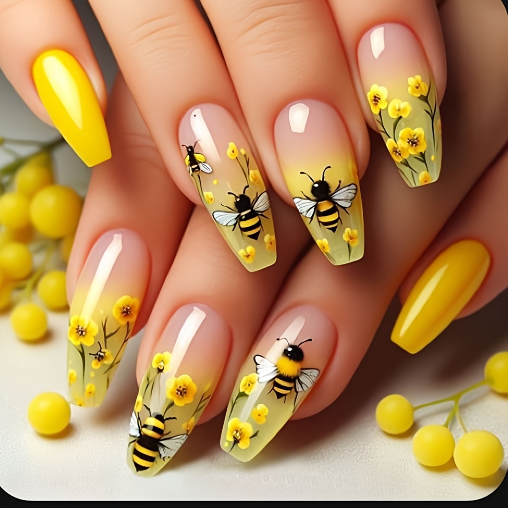 TEMU Yellow, Bee Pattern, Glossy Finish, Mid-length, , 24pcs, False Nails, Press-on Nail Stickers, Gothic Nails, Manicure, Nail Set, Women's Nails,