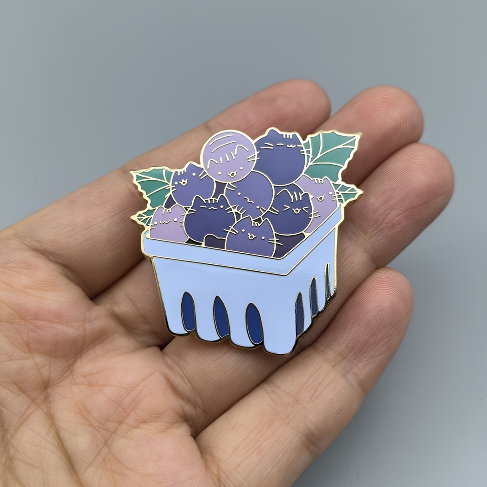 TEMU Cat & Grape Enamel Pin - Cute Cartoon Feline With Purple Grapes In White Basket, Metal Brooch For Jackets, Hats, Backpacks - Perfect Gift For , Cat Accessories