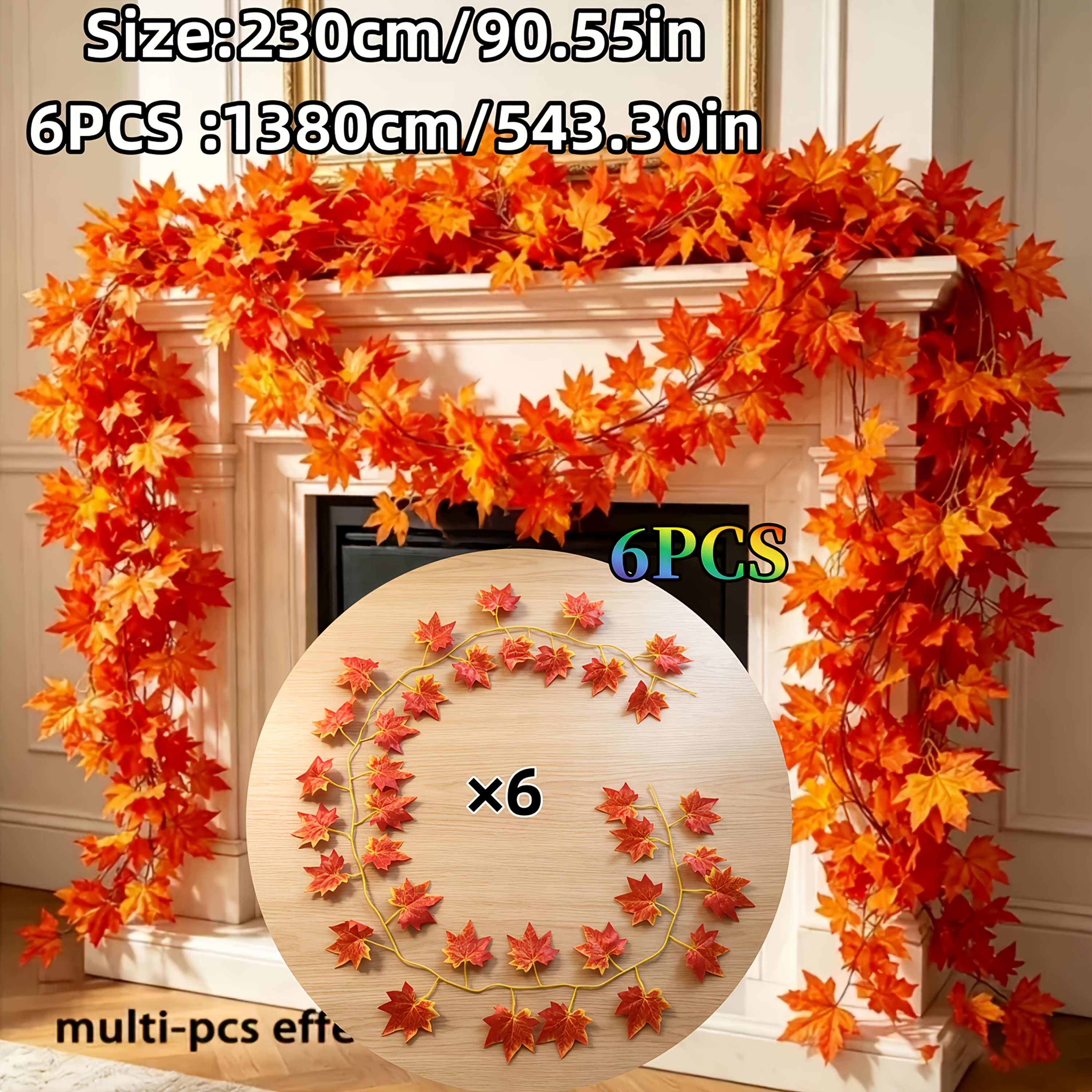 TEMU 6pcs, Total Length Approximately 1380cm/543.30 Inches, Artificial Maple Red, Orange, And Yellow Gradient, Rattan Autumn Hanging Maple Vine,