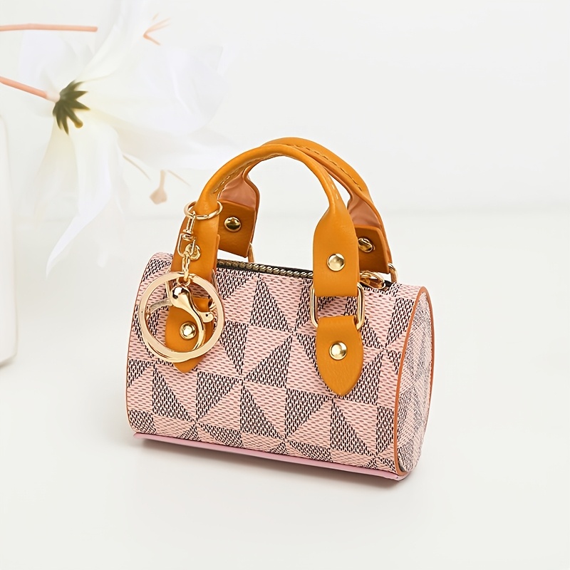TEMU Portable Mini Boston-style Headphone Storage Pouch, Geometric Print Pu Zipper Wallet With Keychain, Compact Handheld Cylinder Coin Purse,