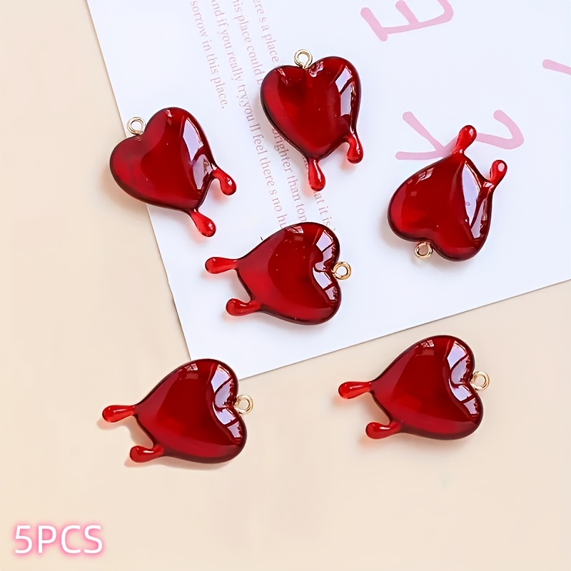 TEMU 5pcs Set Of Unique Black/red Heart-shaped Resin Parts, Suitable For Handmade Jewelry, Pendants, Earrings, Chain Accessories, Keychains, And Bag