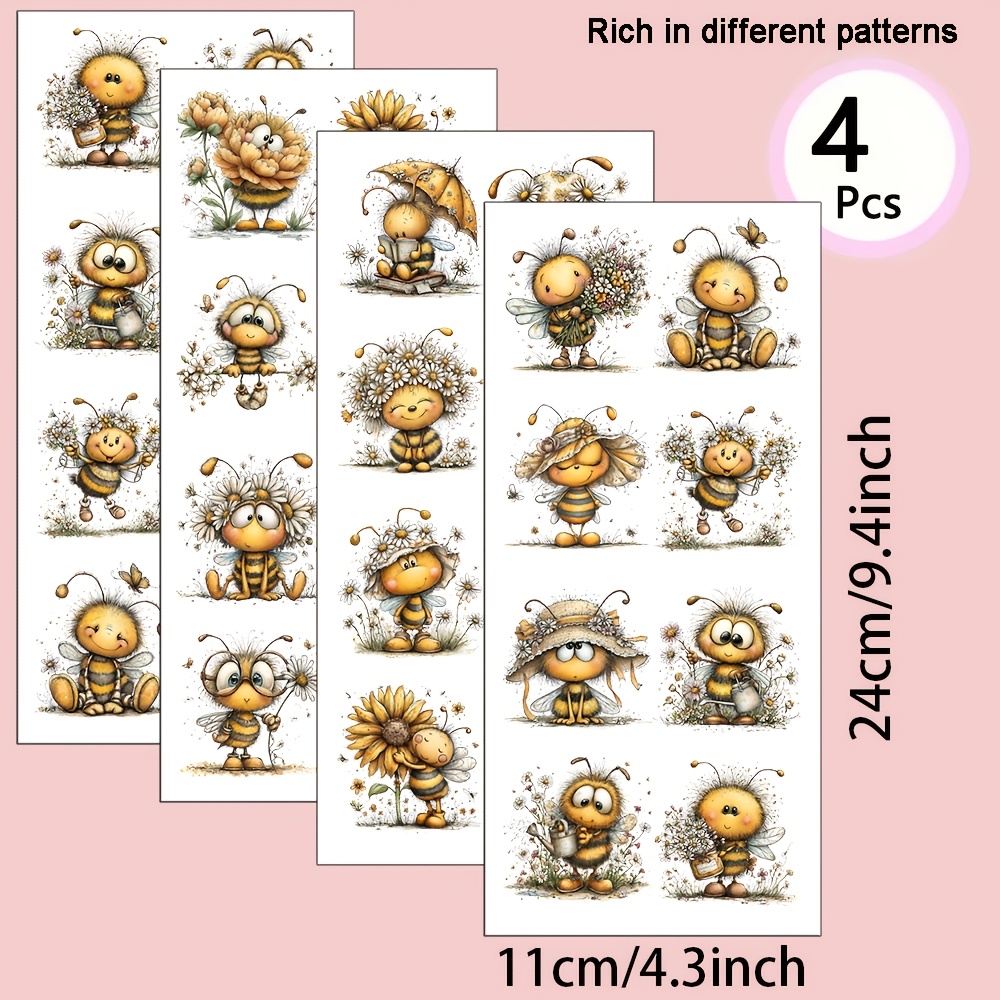 Image of 4pcs/set Whimsical Bee Theme Uv Transfer - For Crafts, Mugs, Laptops & Water Bottles, Self-adhesive Plastic, Mug Decoration, Laptop, Holiday Decorations, Festive Designs, Highquality Prints, Durable