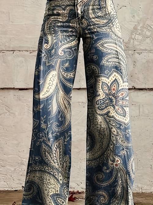 womens retro graffiti paisley print wide leg jeans loose comfy ombre wash denim pants 3d colorful striped vintage design machine washable casual wear comfortable fashion snowflake embellishments