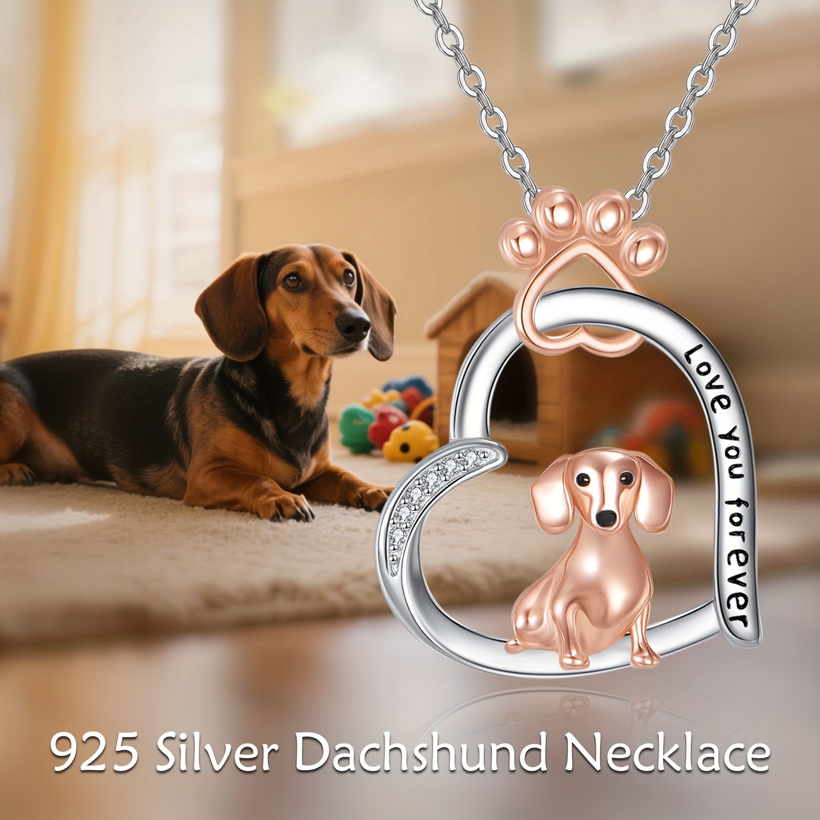 925 Sterling Silver Heart Dachshund Necklace, Gift for Dog Lovers