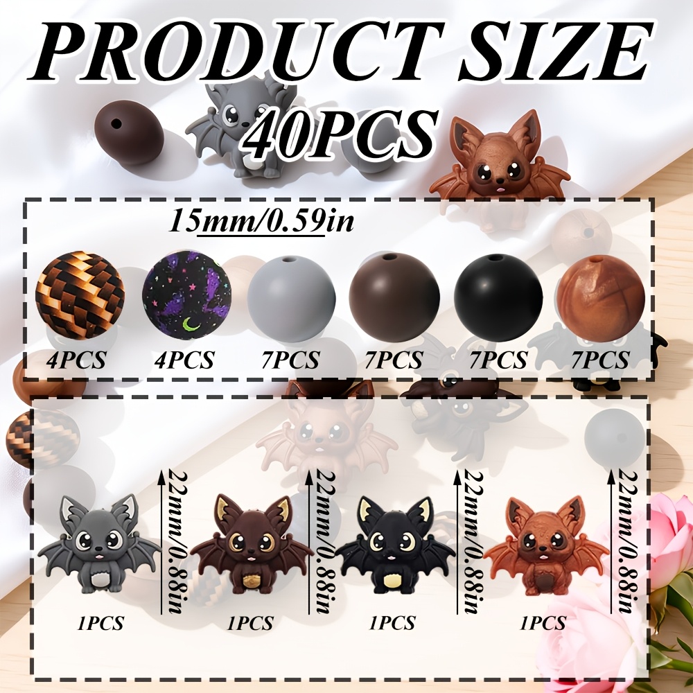 TEMU 40pcs Multicolor Bat Silicone Bead Set, Featuring 4 Styles Of Big- Cute Bat-shaped Patches In Gray, Dark Brown, Black, And Reddish Brown.