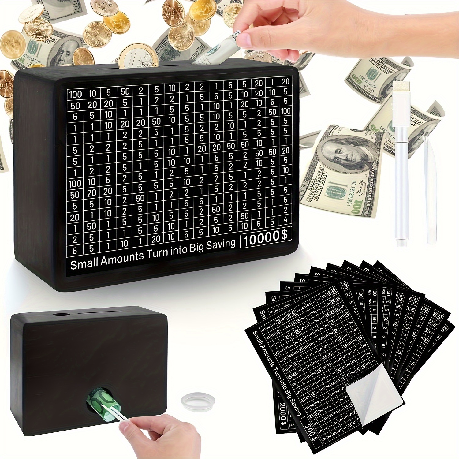 

Wooden Money Saving Box With - Reusable Piggy Bank For Dollars And With 8 Saving Amounts - Portable With Numbers Display