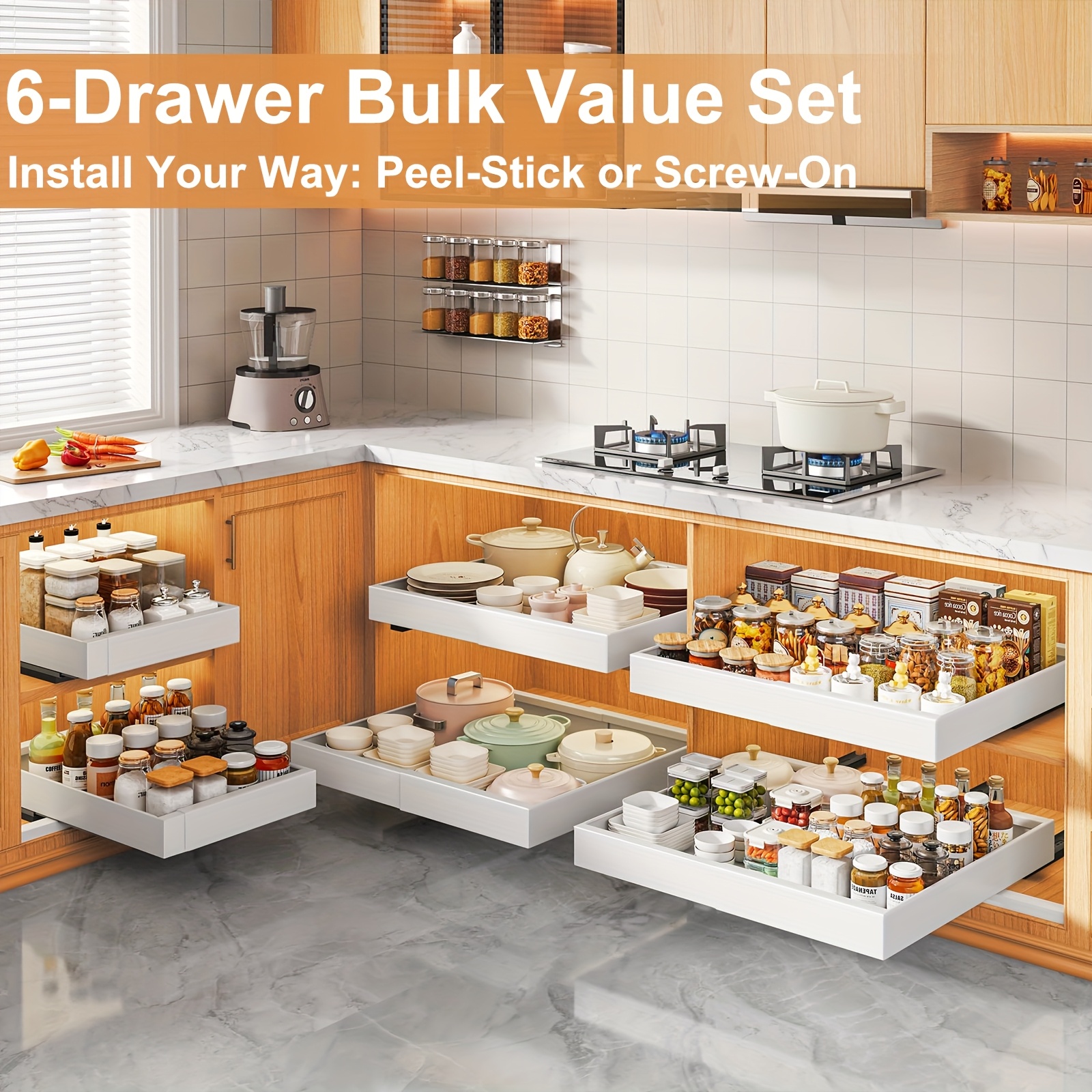 TEMU Expandable Pull-out Drawers For Kitchen Cabinets, 2-pack/4-pack/6-pack Sliding Storage Shelves, Heavy-duty Carbon Organizer, No-drill Under-sink