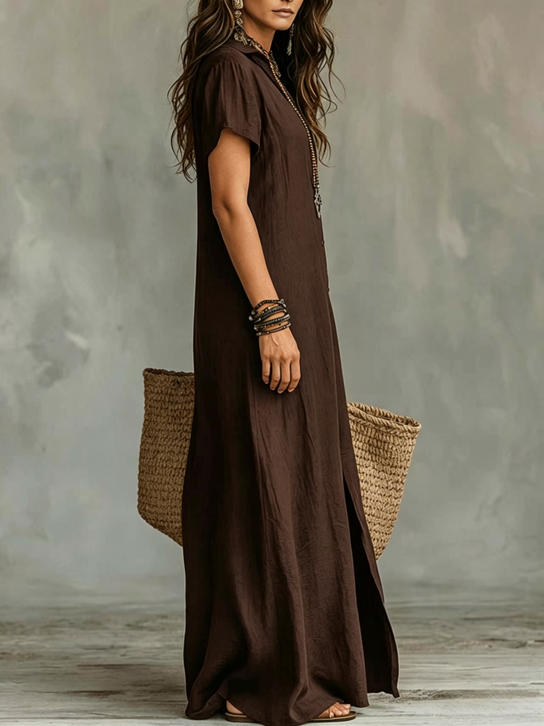dames casual     v-hals split lazy style shirt jurk knoopsluiting voor opening boheemse shirt   losse lange jurk 0