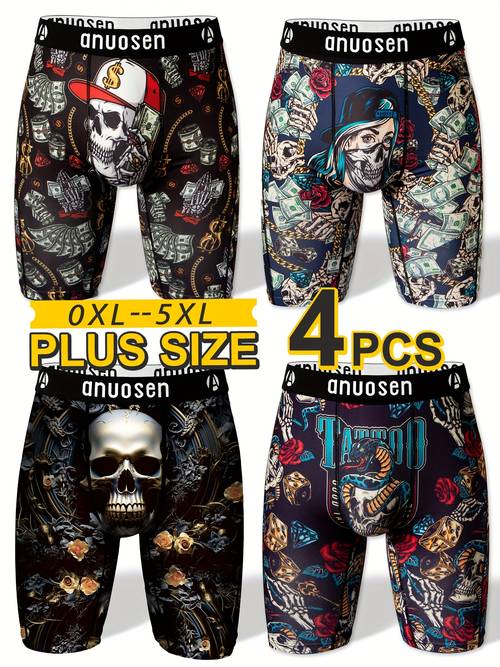 4pcs Men's Long Athletic Underwear - Extra Large (XL) Plus Size - Quick-Dry Moisture-Wicking Gym Shorts with Non-Slip Waistband - Gothic Skull, Floral, Urban Streetwear Prints - for Running, Boxing, Halloween Costumes - Funny Novelty Gift for Boyfriend - Machine Washable, Gym Clothes, Running Gear, Breathable Fabric, PLUS SIZE