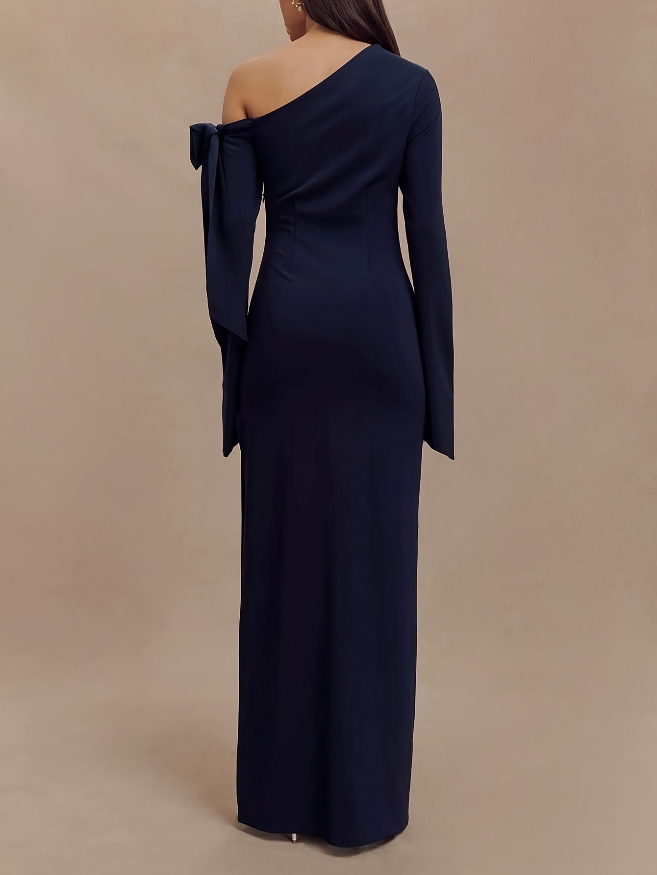 Elegant One-Shoulder Evening Gown, Women'S Fitted Polyester Knit Fabric Dress with Asymmetrical Neck, Solid Color, Stretch 5% for Party Wedding Banquet, 200gsm - Navy Blue