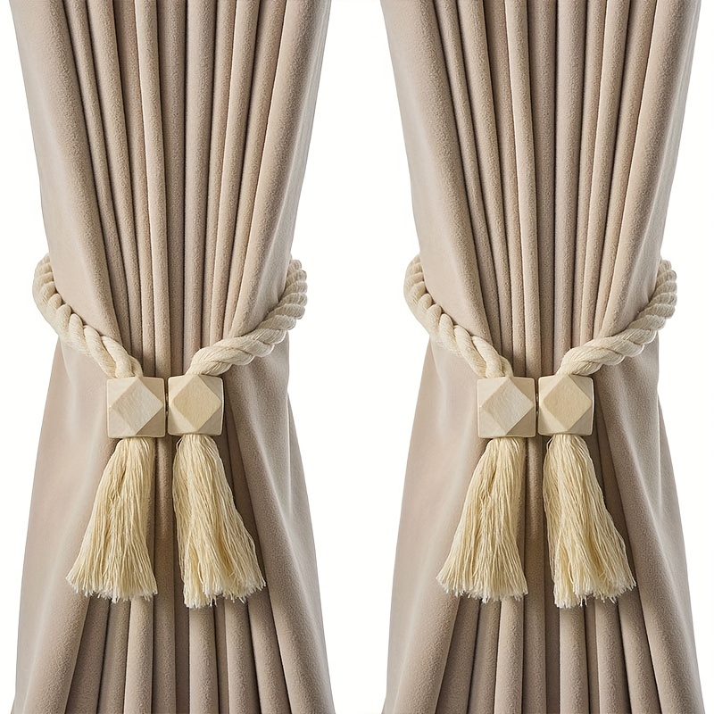 4pcs Bohemian Style Magnetic Curtain Tieback Set, Available in Brown or Beige with Cube-Shaped Magnets for Living Room and Bedroom Decor