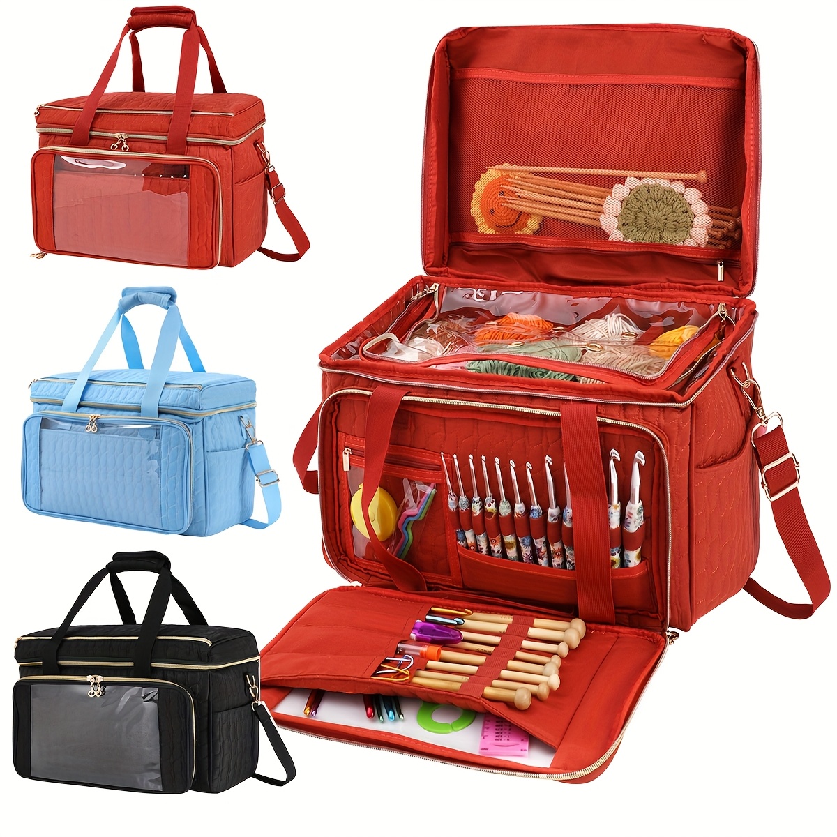   1 large capacity knitted bag tote bag with multiple compartments for crochet additions yarn storage and craft supplies portable handheld design with adjustable straps craft storage bag yarn storage and storage bag sewing storage