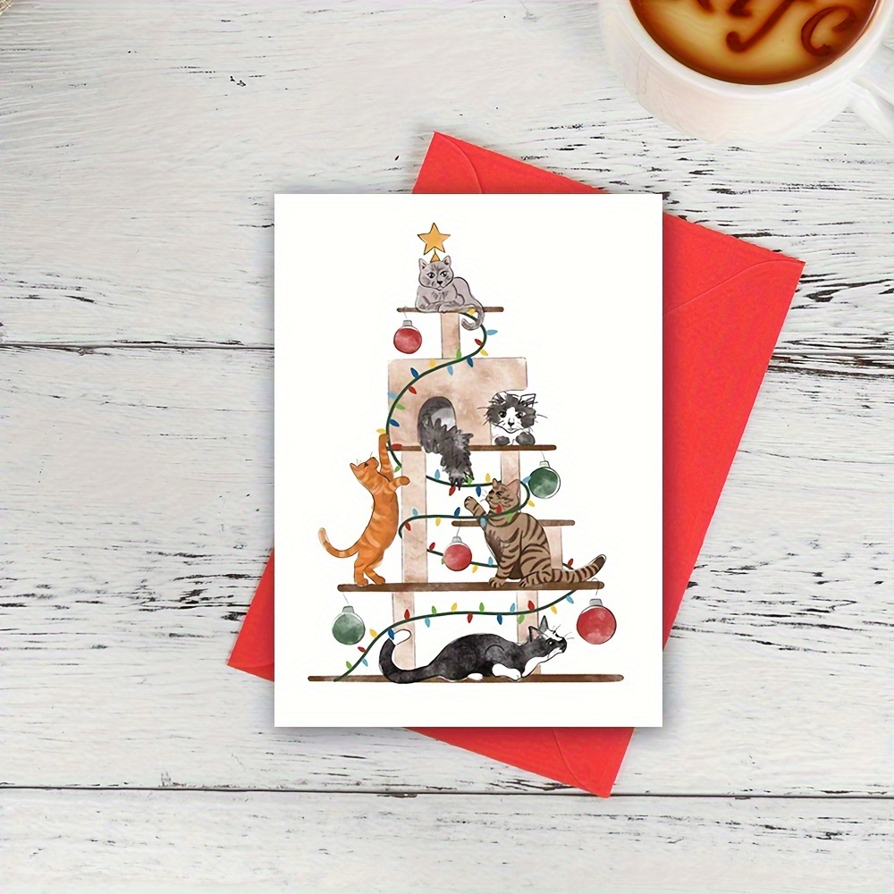 

Watercolor Cat Tree Christmas Card - Cat Lovers, Friends & - Unique Thanksgiving Greeting With ' For You' Message