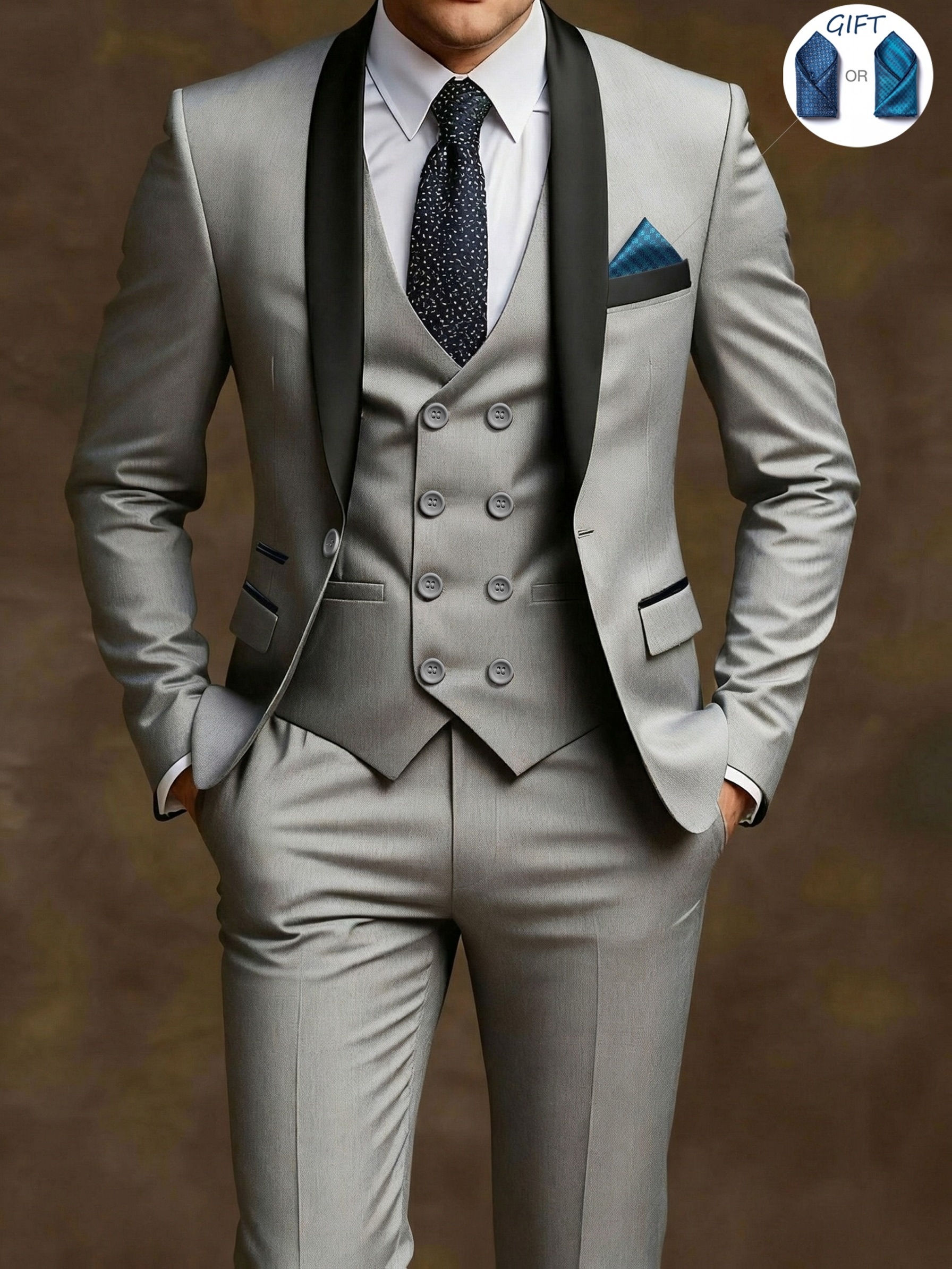 Ensemble costume élégant 3 pièces pour homme - Costume et pantalon coupe ajustée pour mariages et occasions formelles, convient pour réunions de bureau et événements élégants, tenue de cérémonie | Costume coupe ajustée | Costume de mariage durable. Inclut un mouchoir de poche à motif aléatoire.