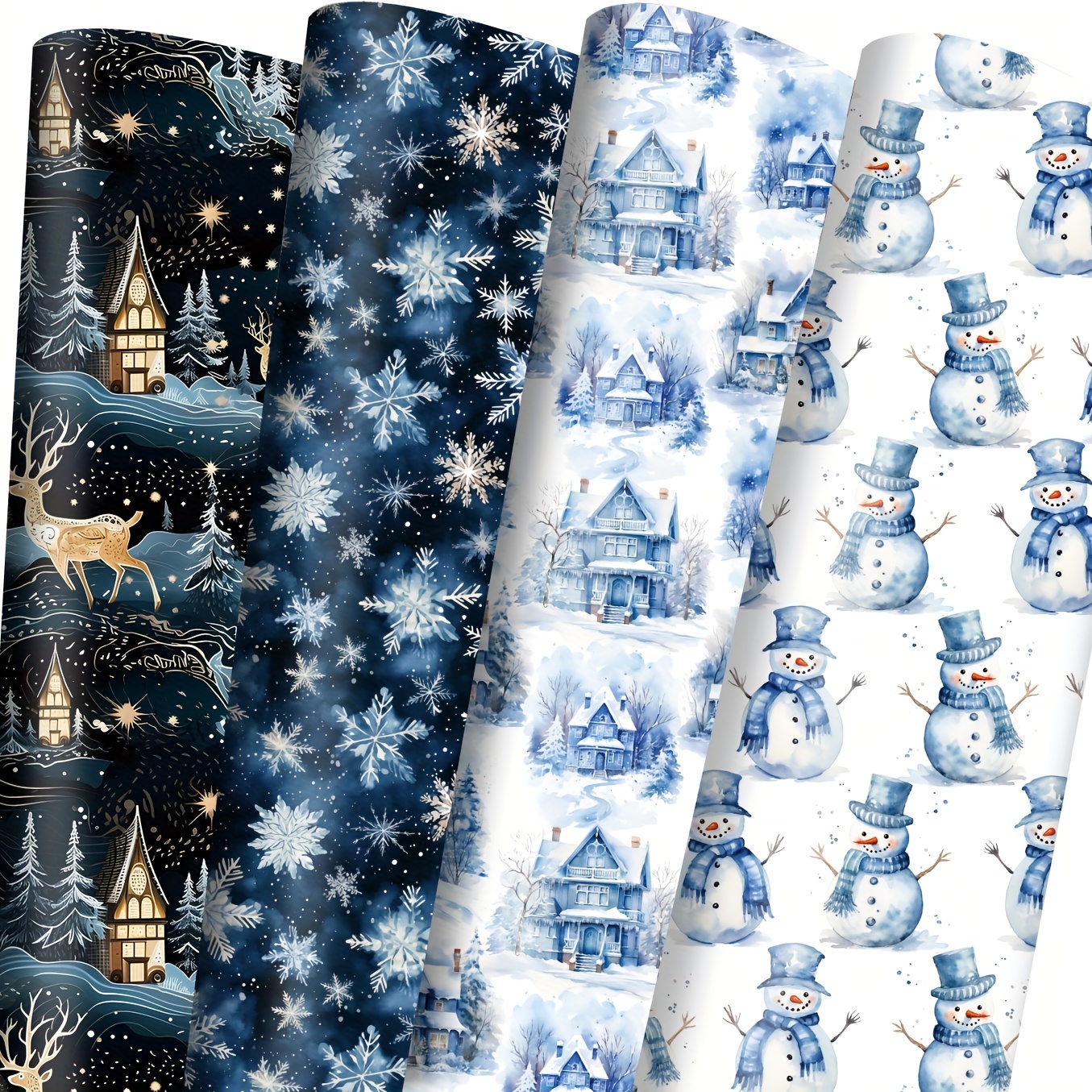 Image of 8pcs 20 X 28inches Blue Christmas Wrapping Paper Snowy Winter Scenes Snowman Snowflake Gift Wrap For Christmas Party Celebration Holiday