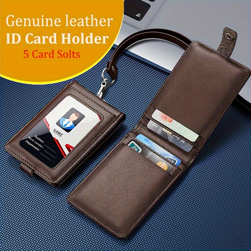 

Genuine Leather Id Card Holder With Lanyard - 5 Card Slots - Pu Leather Material - English Text - Business Formal Accessories