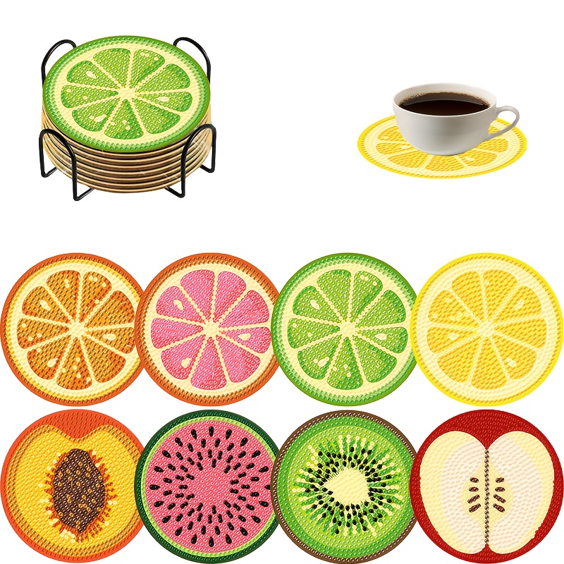 TEMU Kit de 8 sous-verres pour peinture d'art diamant fruit, avec support, sous-verre pour boissons, tapis de table, sous-verre antidérapant,