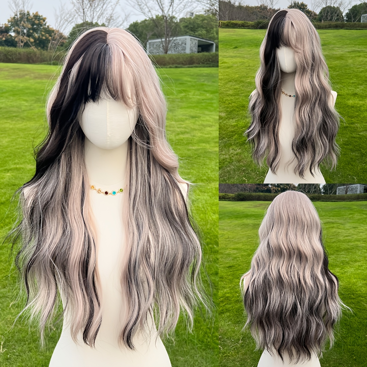 TEMU Chic Grey Ombre Wig For Women - 18" Silvery Curly Highlights, Natural Look Synthetic Fiber, Perfect For Daily Wear & Cosplay, Stylish Wigs, Long Hair, Wave,