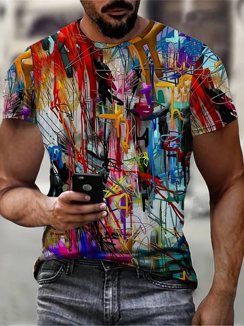 mens 3d print graffiti t shirt vibrant colorful casual short sleeve crew neck summer top for outdoor activities casual attire