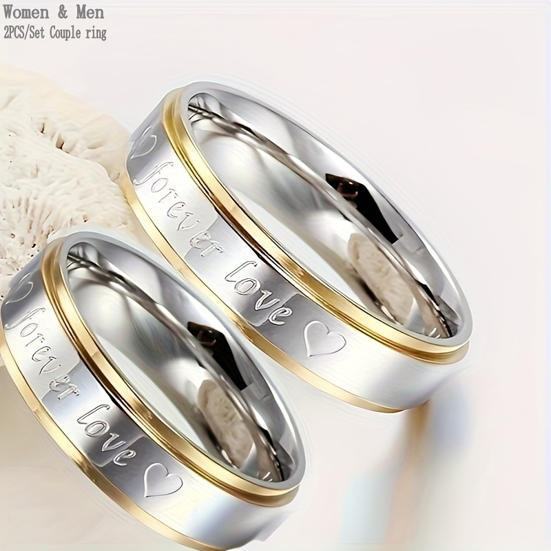 

2pcs/set Classic Design Golden Silvery Two-color Polished Rings, Eternity Love Fashion Romantic Couple Ring