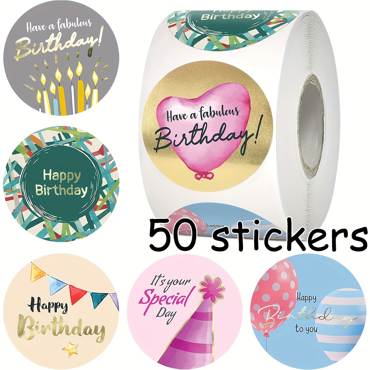 Roll Happy Birthday Balloon Self-adhesive Stickers Suitable For Gift Banner Label Sealing Stickers Card Box Party Decoration Pvc Self-adhesive Sealing Stickers