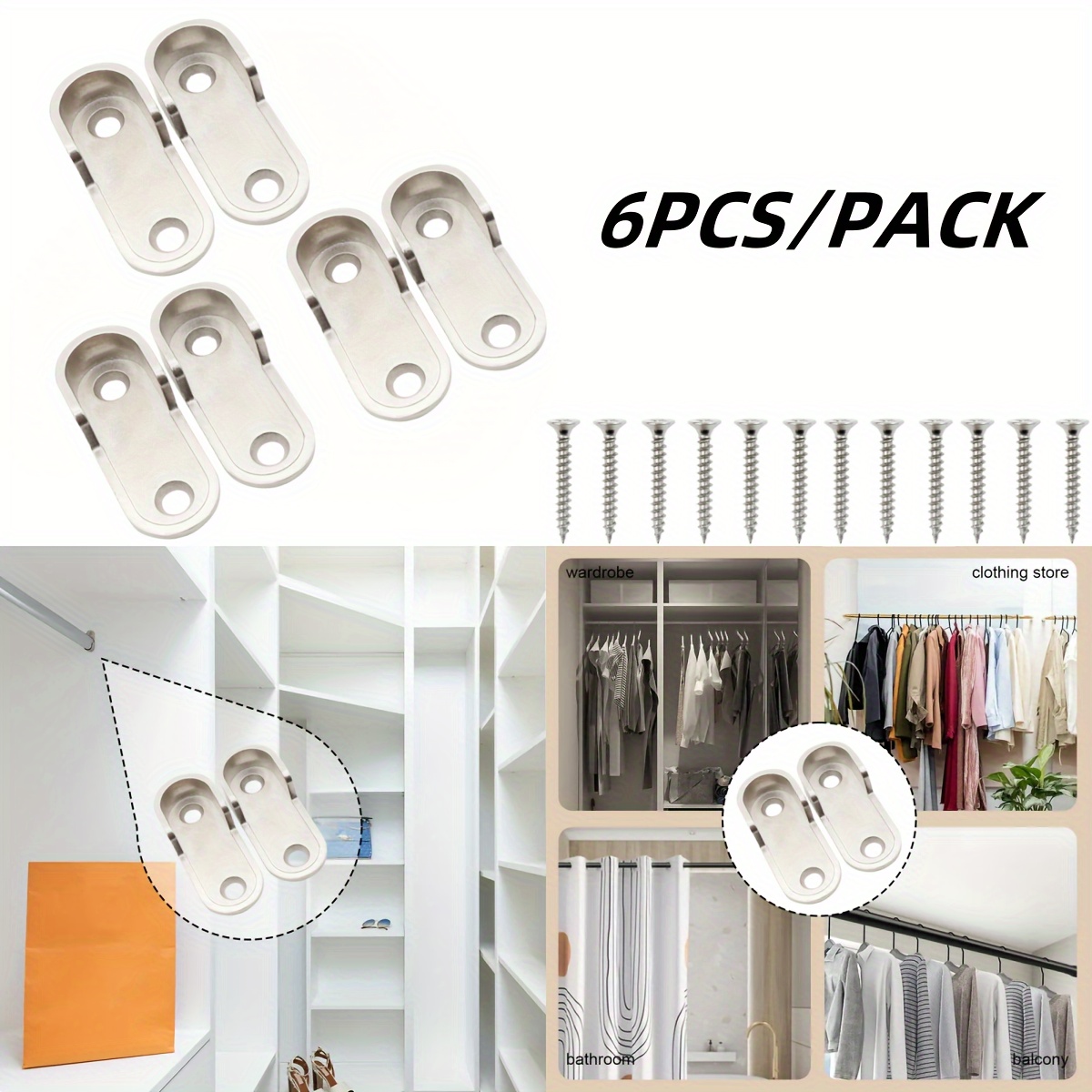 

6pcs Clothes Rod Support Tube Hook, Bathroom Rod Zinc Alloy Holder, Wall-mounted Shower Rod Fixer, Wardrobe Rod Holder Hanger Hook, Storage And Organization For Bedroom, Closet, Wardrobe, Kitchen