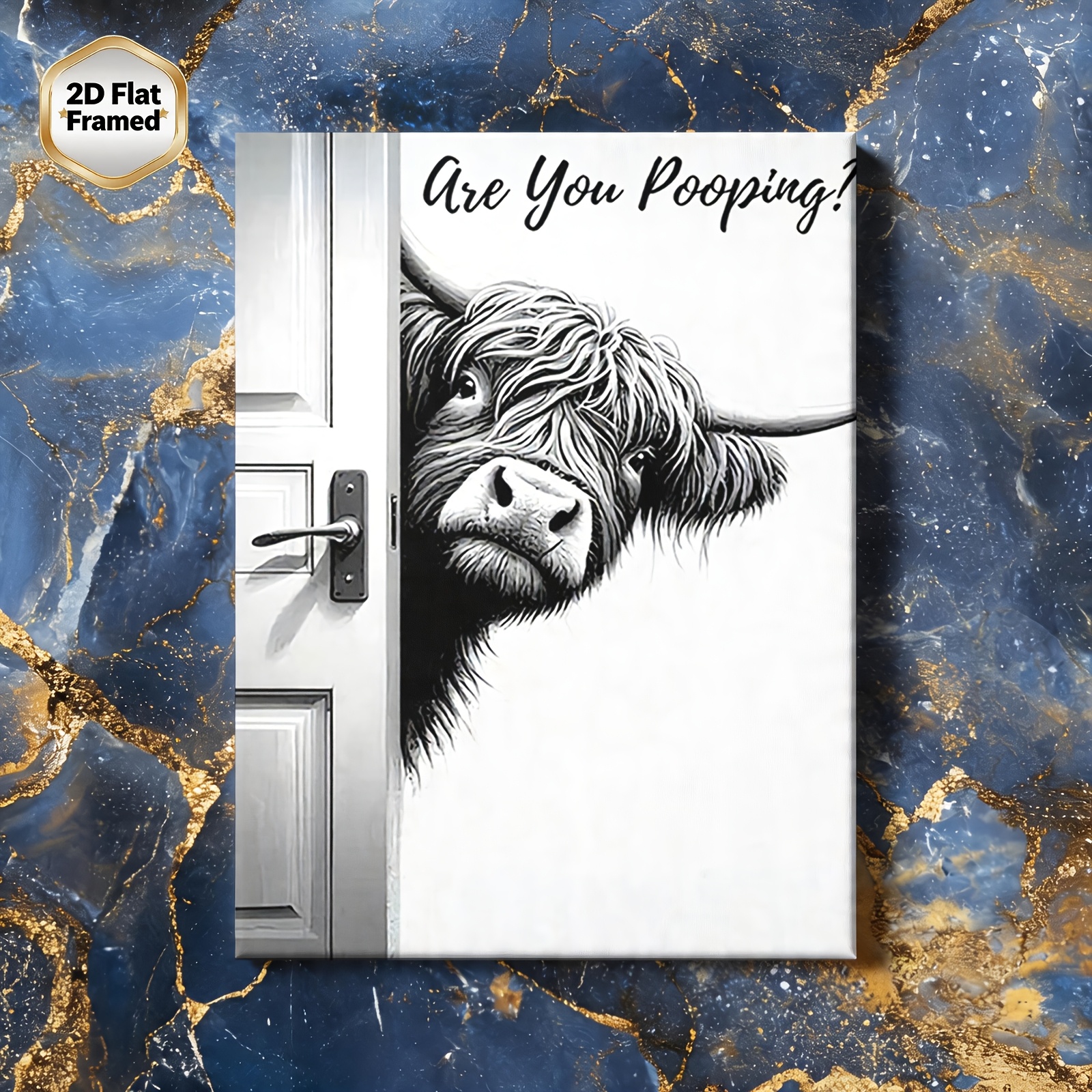 TEMU 2d Flat, 2d Flat, 1pc, Framed 2d Flat Canvas Print, "are You Pooping?" Highland Cow Peeking From Door, Ideal For Bathroom, Bedroom, Living Room,