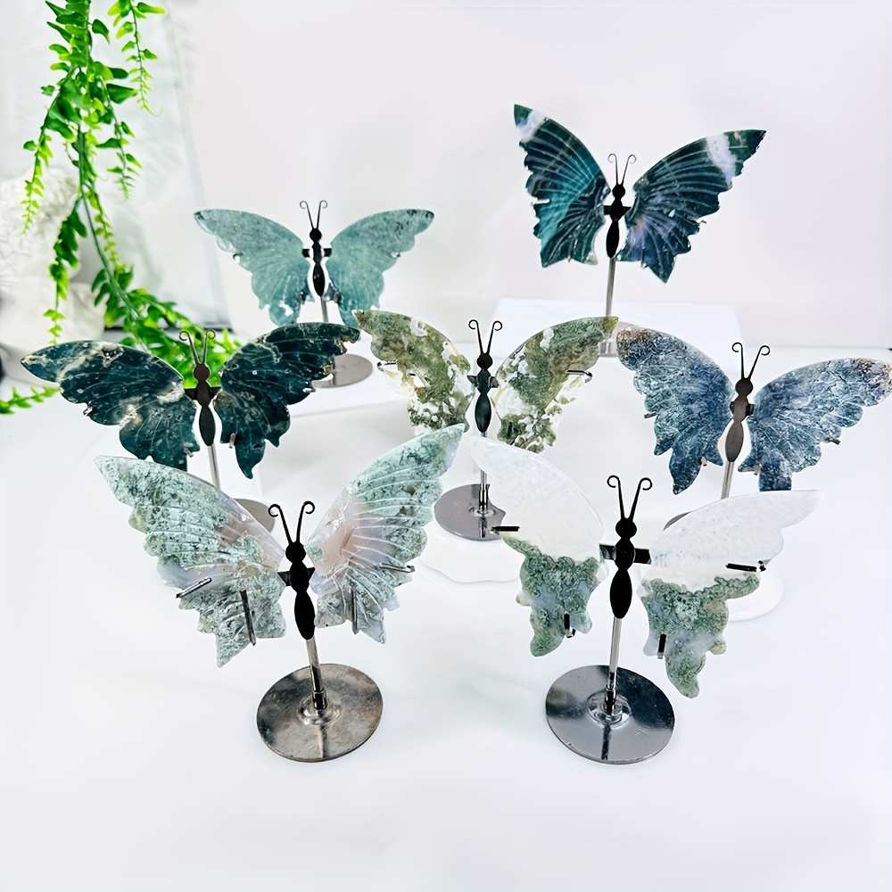 

1pc Natural Moss Agate Crystal Butterfly Wings Carving Crystal Craft, Birthday Present, Home Decoration, Gemstone Collection