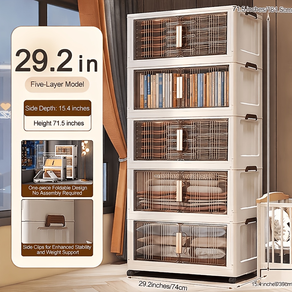 E-shop 74 cm Extra Großer Faltbarer Aufbewahrungsorganizer 3/4/5 Ebenen Stapelbarer Schrank mit Rädern, Klare Vordertüren, Abschließbare