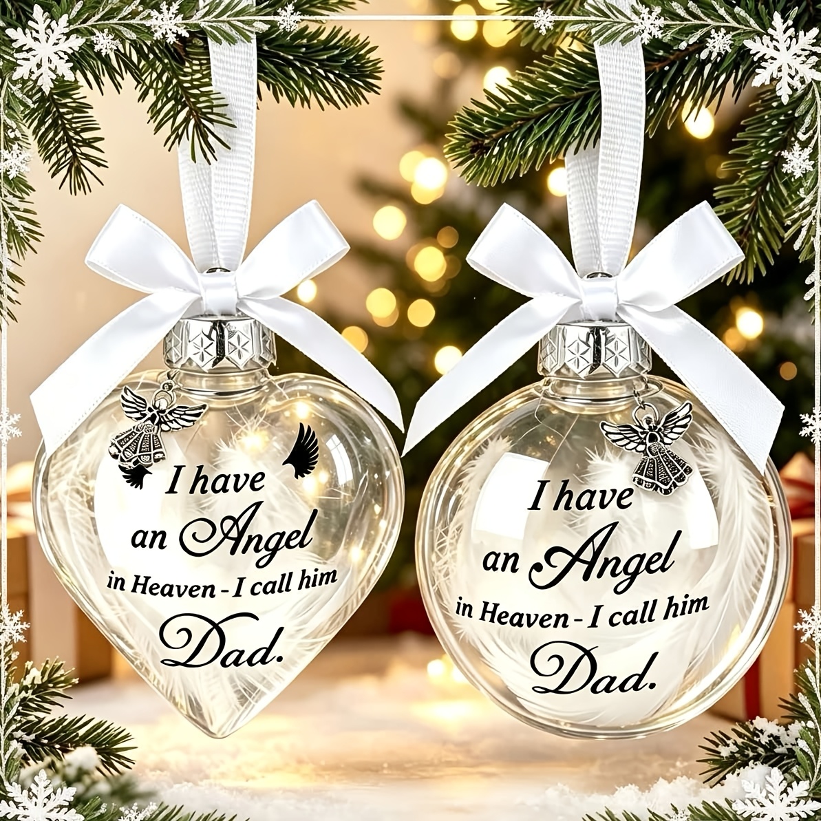 TEMU 2pcs Set Of 2 Memorial Ornament Combinations: Heart   Round Transparent Pendant, Father's Memorial Christmas Ornament, Heart And Round Pendant,