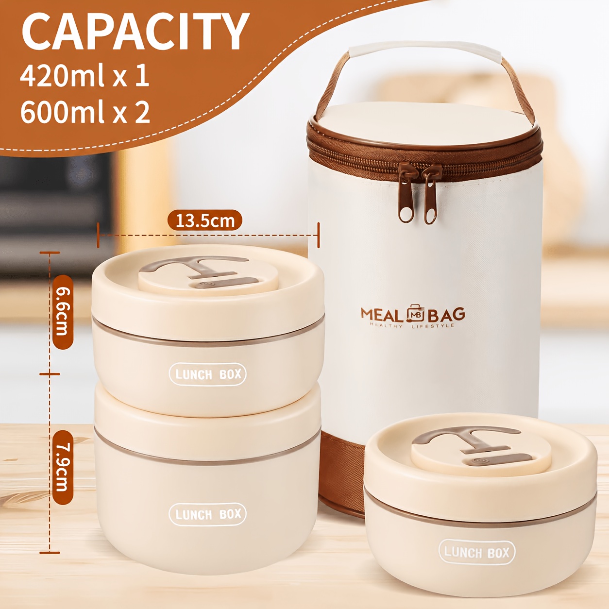 Image of Stainless Steel Lunch Box, 3/4-tier Insulated Bento Box, Microwave Safe Soup Bowl For Adults, Thermal Food Container For Office Workers (beige, 3/4pcs + Insulated Bag)