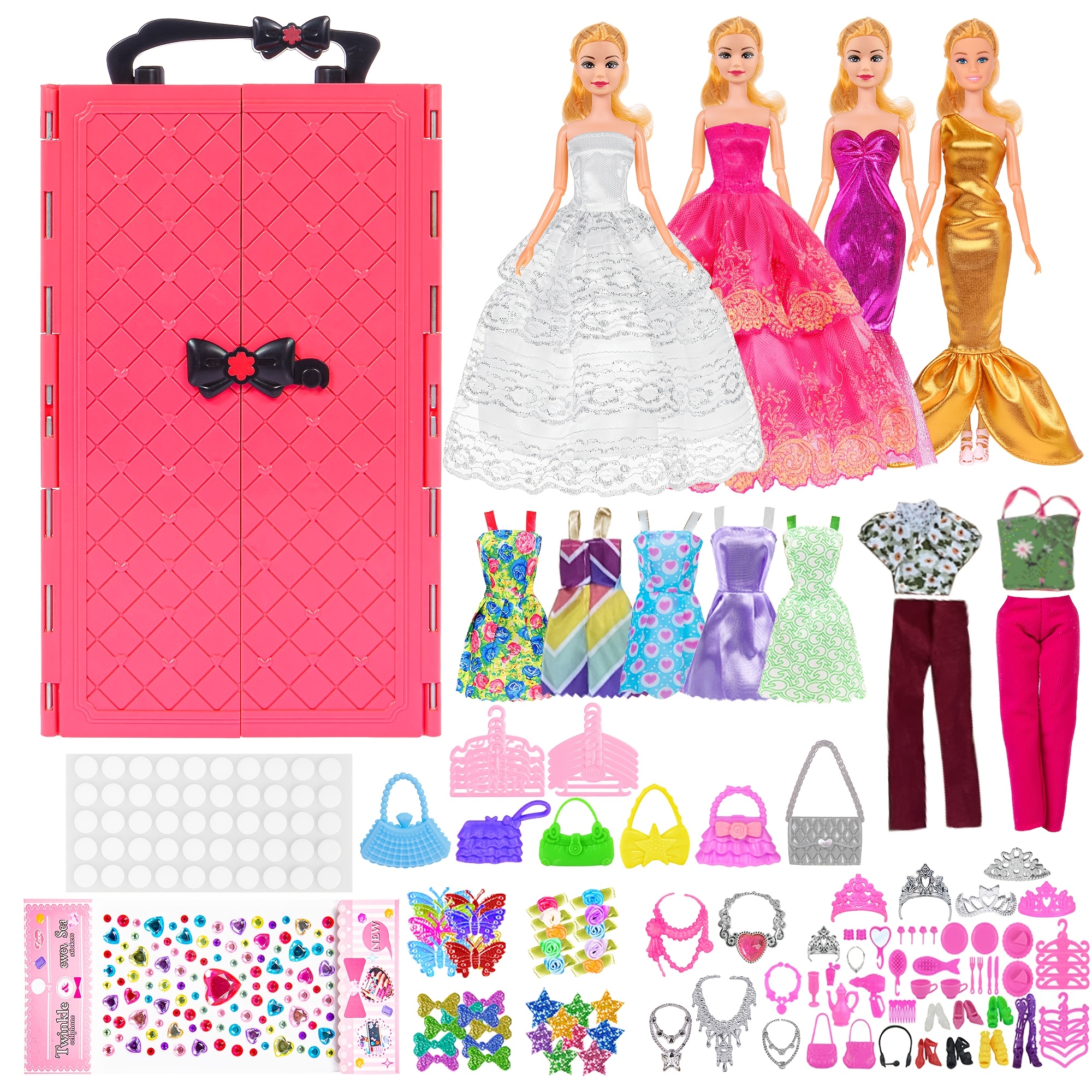 

139pcs 11.5 Inch Doll With Closet Clothes And Accessories Play Set Including Doll, Wedding Dress, Outfits, Shoes, Hangers, Necklaces And Diy Stickers.christmas Gift For 3+