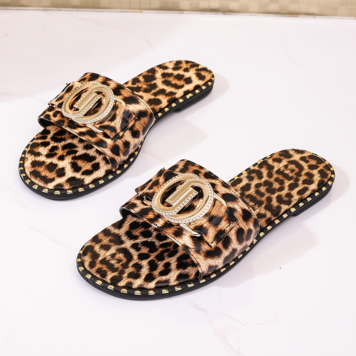 TEMU European And American New Sexy Glossy Leopard Print Round Toe One-strap Sandals And Slippers Metal Letter Summer Wear Fashionable Versatile Soft