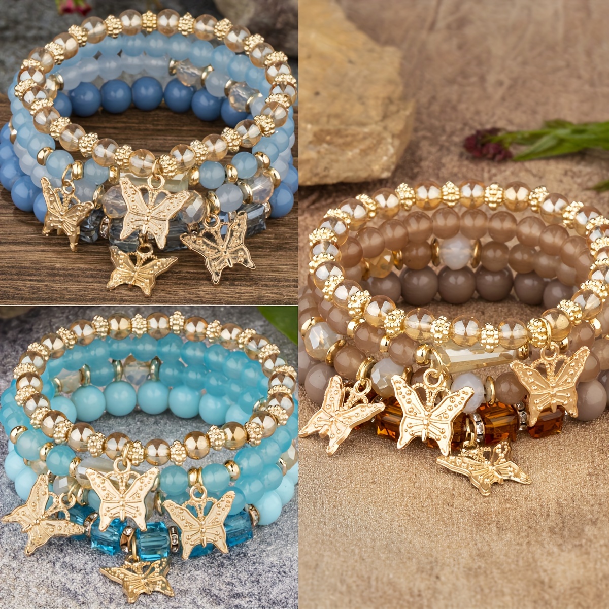 

12pcs Bohemian Multilayer Beaded Bracelet With Butterfly Crystal Pendants - Stretch And Stackable Multi-piece Hand String, Unisex Summer Beach Hand Jewelry Gifts