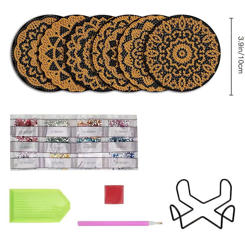 TEMU 6 Diy Diamond Painting Wooden Coasters With Stands, Featuring Mandala Elements And , Suitable For Home Decor, Gifts For , Christmas, Weddings,