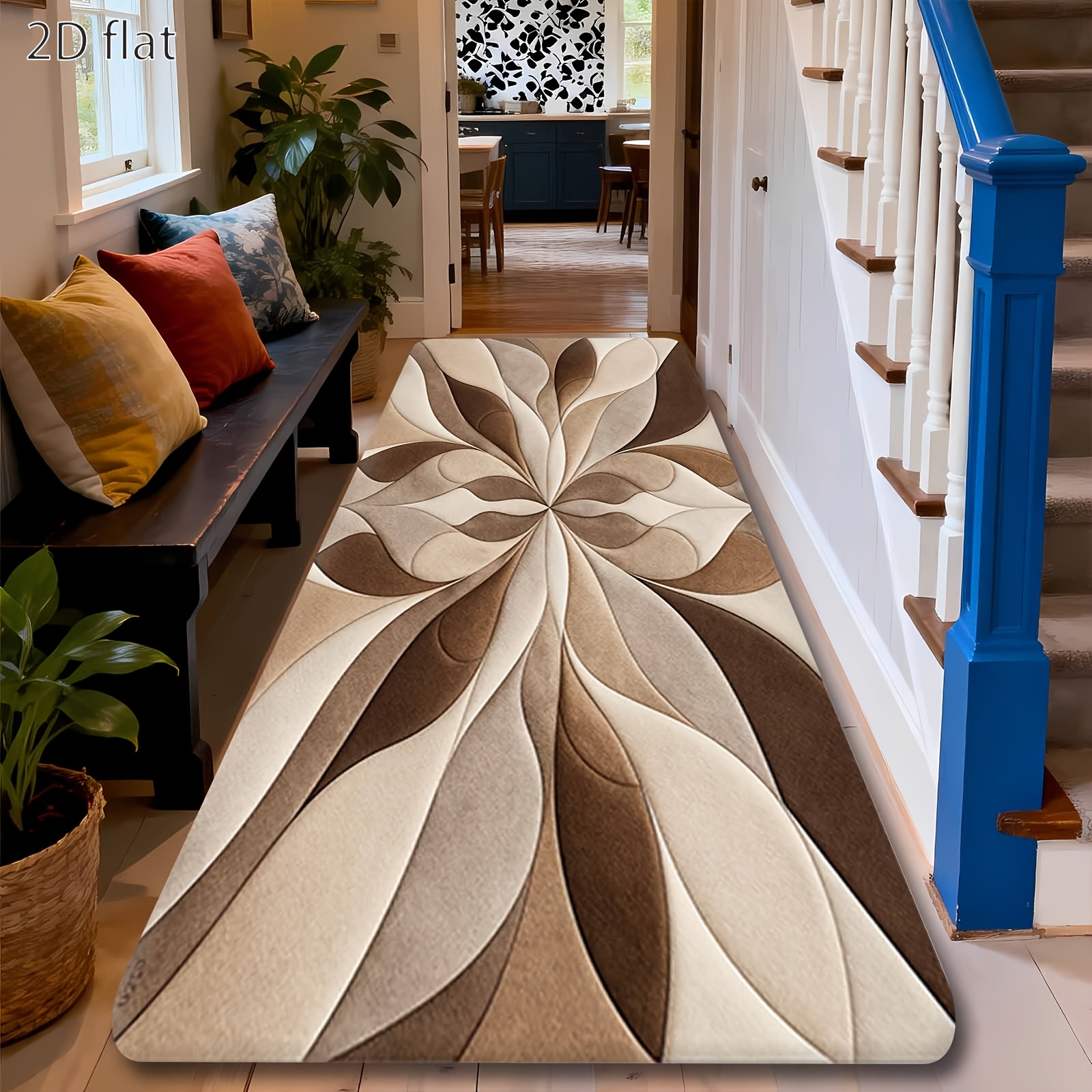 TEMU 2d Flat, Bath Rug Sets: 1 2d Flat Printed Brown Floral Leaf Geometric Pattern Rectangular Long Runner Rug, Home Decorative Floor Mat, Featuring