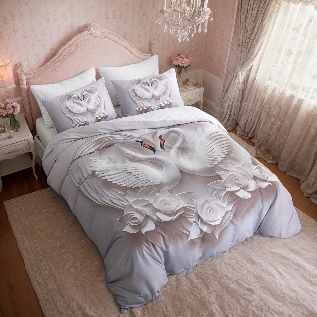 3pcs white rose quilt set   swan lovers love bedding set romantic rose print lovers bedding 1 quilt cover and 2 pillowcases   cool and comfortable machine washable Product details 5
