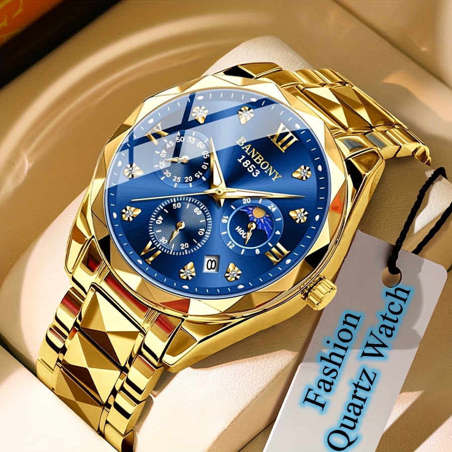 Image of A Banbony Brand Men's Quartz Watch With A Stainless , With Rhinestones, Featuring A Large Hd Dial With Roman , Ipx7 Waterproof Rating, Luminous Display, Date And Calendar Functions, And A Stylish