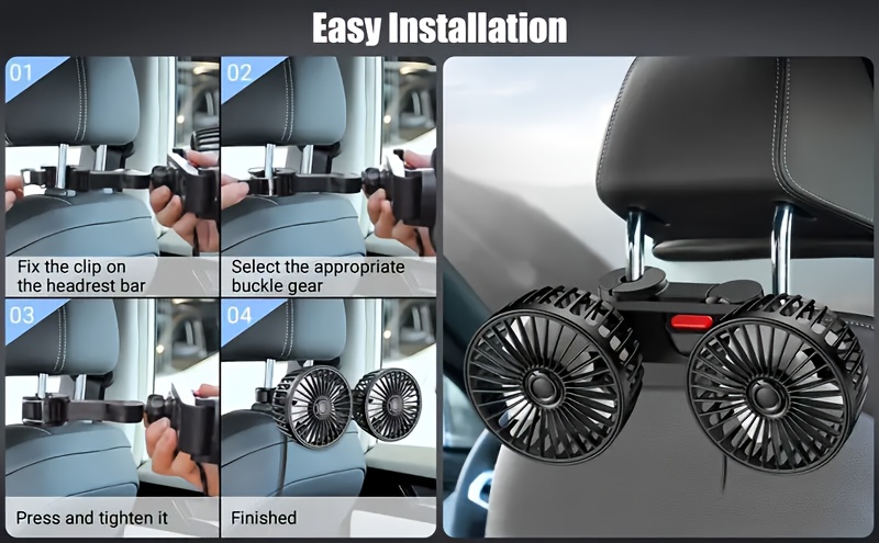 car fan car small air conditioner dual head rear fan 5 blades 360 degree rotation extra large super low sound operation installation foldable and hidden under the headrest disassembly for multiple scenes brushless motor 70 inch usb power cable base fixed clip installation suitable for car and home use details 2