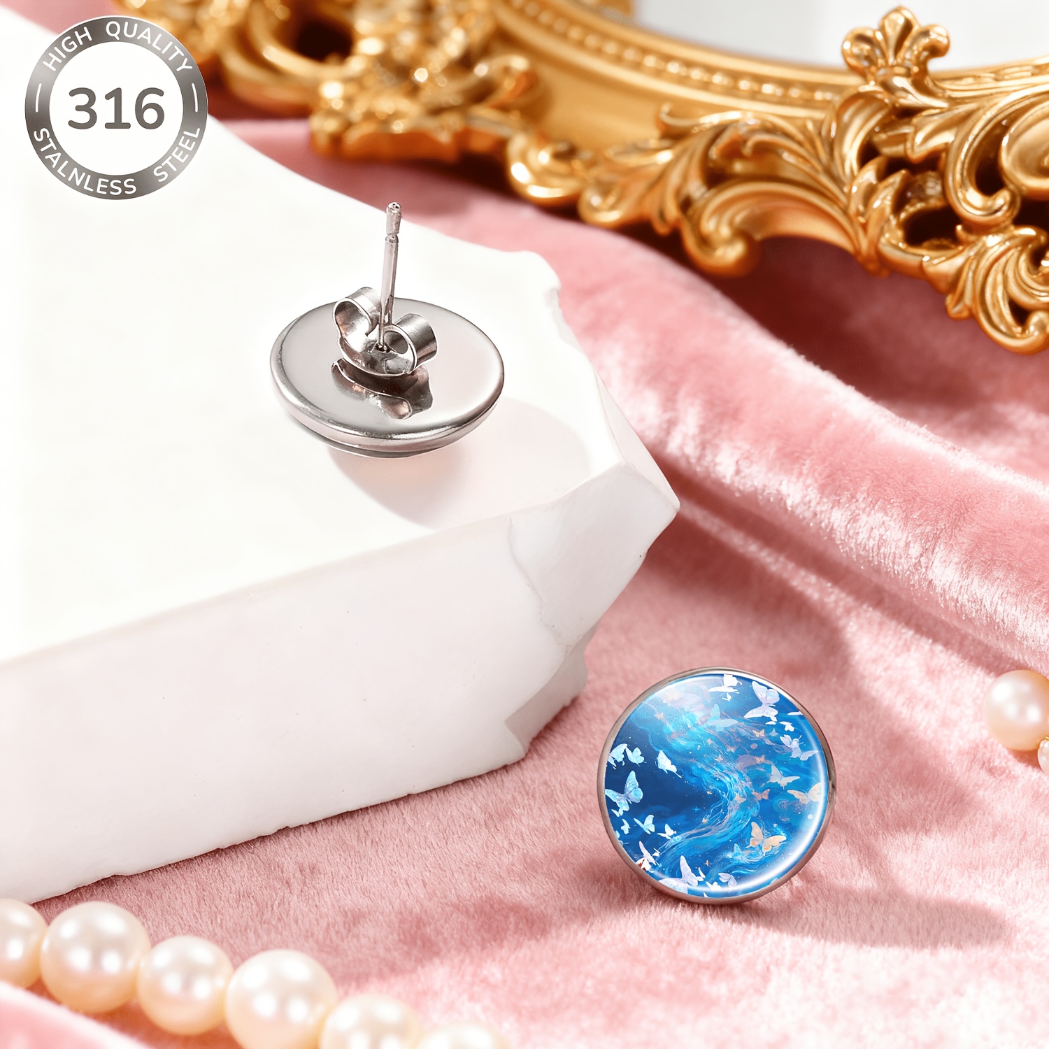 2pcs 316 Stainless Steel Round Studs with Nebula Butterfly Design