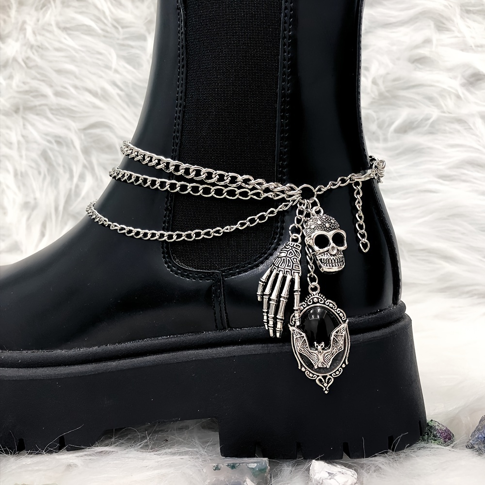 

Iron Alloy Skull Hand & Bat Chain For Shoes/boots - Non-foaming Gothic Punk Street Style Accessory With Details - Easy Attach Non-braided Boot Chains (1 Pc)