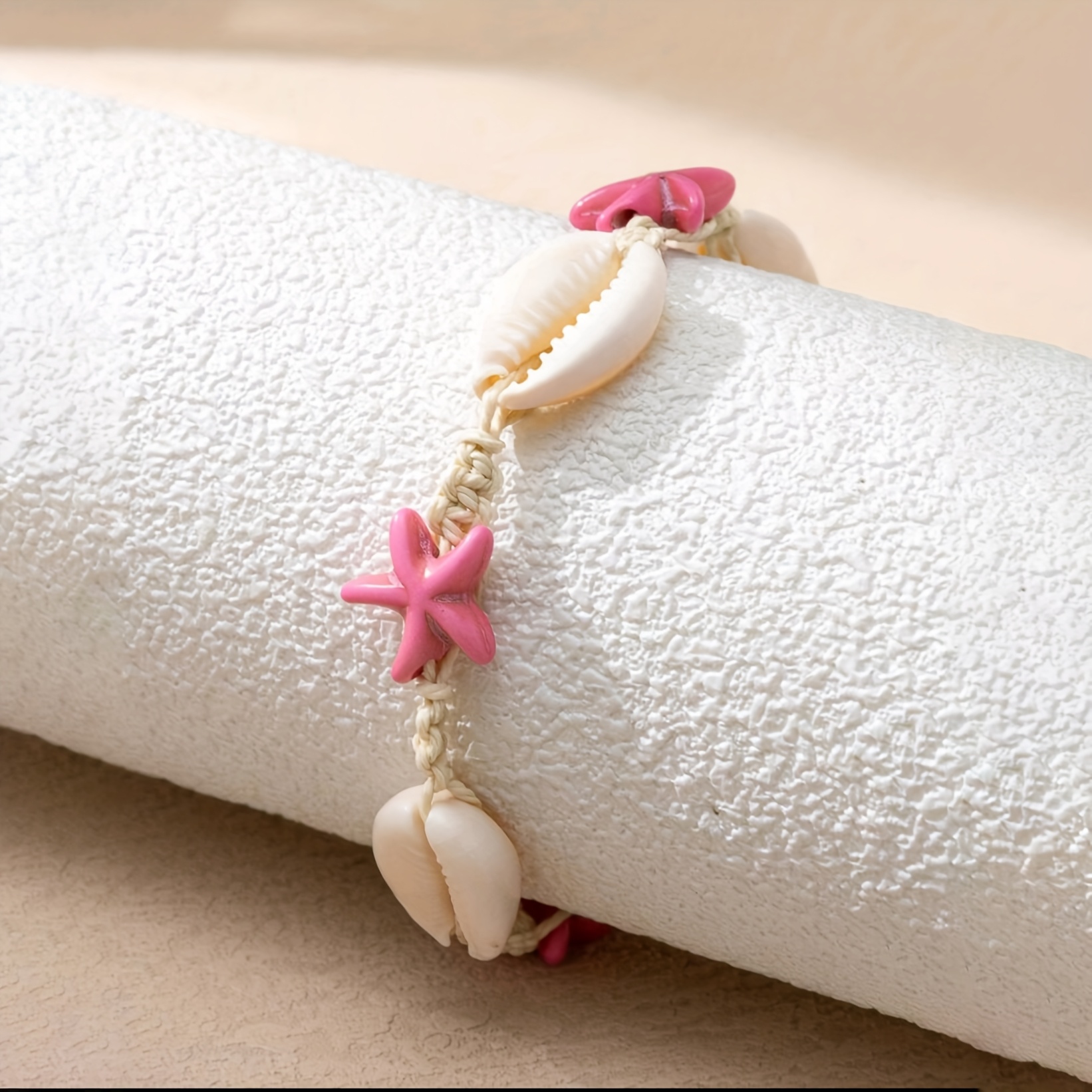 Boho Starfish & Shell Rope Knot Bracelet Pink Starfish Shells & Coral Beads